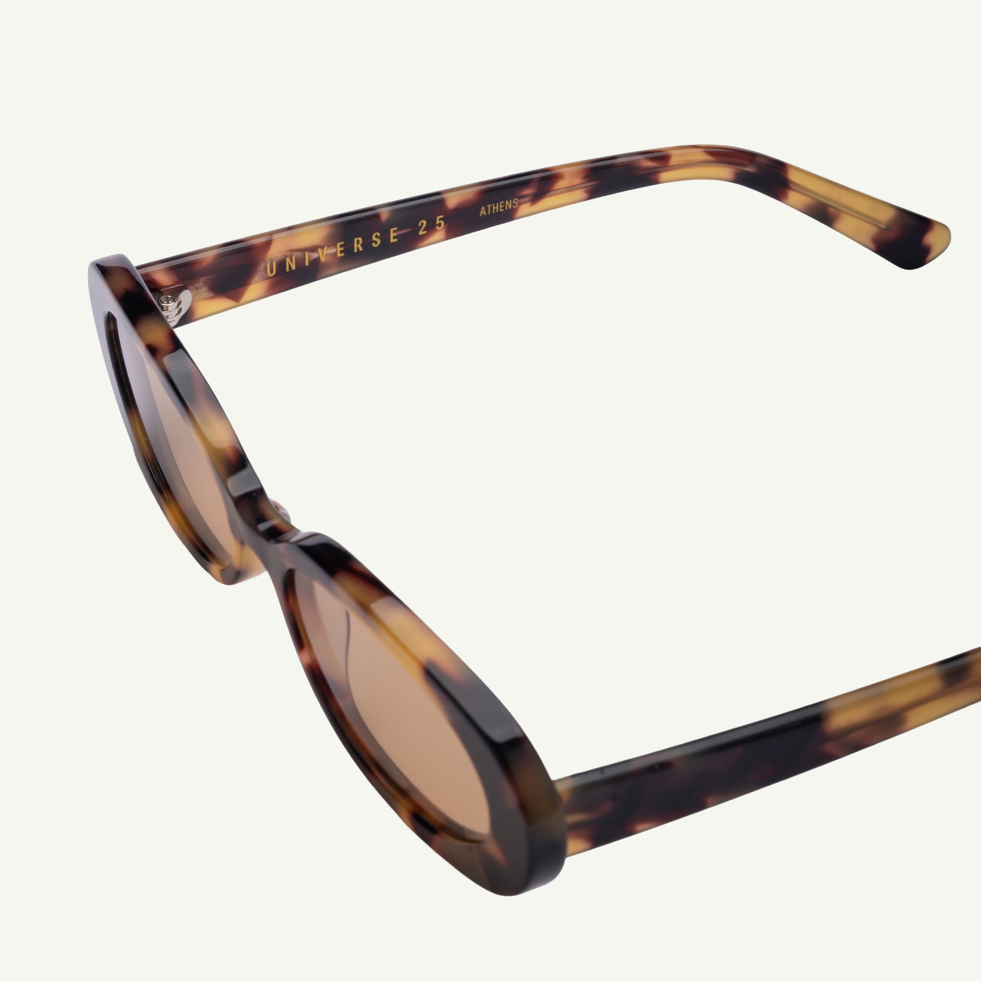 Sunglasses with tortoiseshell frame and brown lenses on a white background