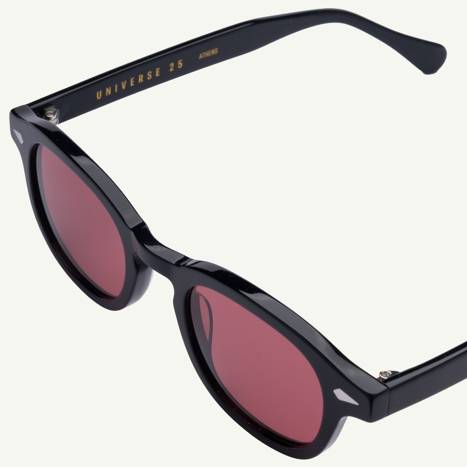 Black sunglasses with red lenses on a white background